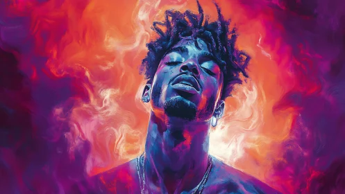 Chromatic vapor portrait of meditative subject in neon bloom.