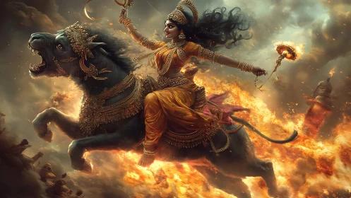 Mythic warrior goddess on armored lion amid blazing battlefield