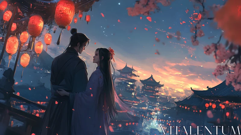 Romantic couple framed by lanterns over ancient cityscape at dusk