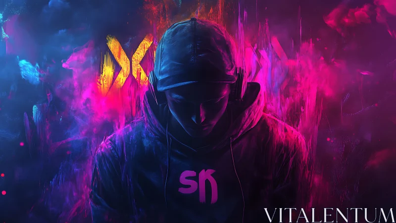 Neon soundshaper cloaked in electric magenta stormlight.