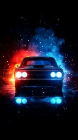 Classic car front view with red and blue light effects at night.