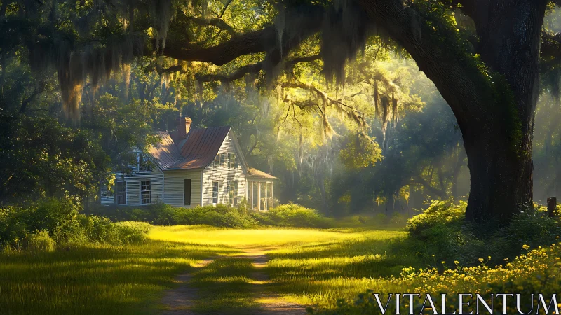 Sun-drenched country cottage cradled beneath mossy oaks.