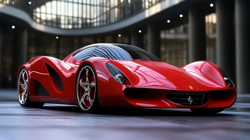 Parametric red hypercar in glazed atrium with specular highlights.