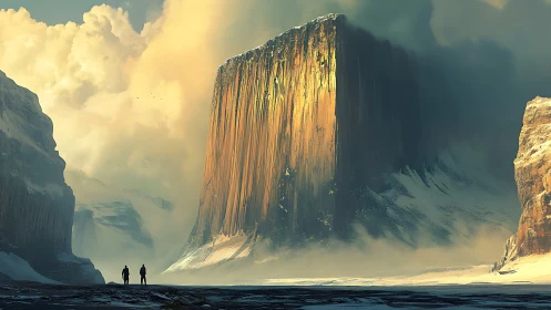 Colossal sunlit monolith rising from a mist-veiled glacier.