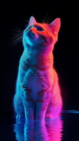 Neon-lit ginger cat basking in electric twilight reflections.