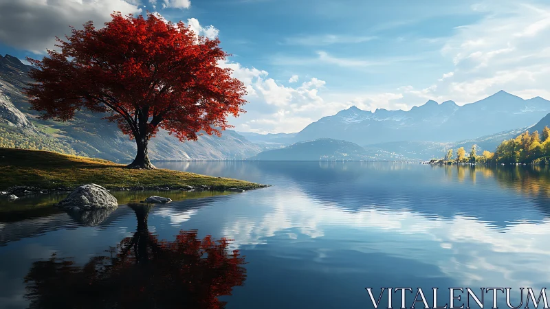 Solitary red tree reflects over a tranquil alpine lake