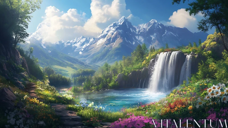 Whispering waterfall cradled by wildflower valley and peaks.