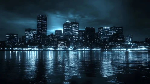 Moody blue city skyline shimmers across calm harbor waters.