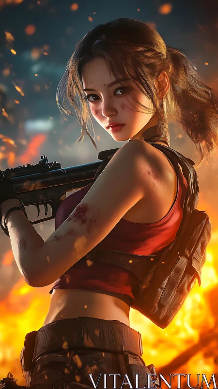 Fearless heroine standing strong against blazing chaos.