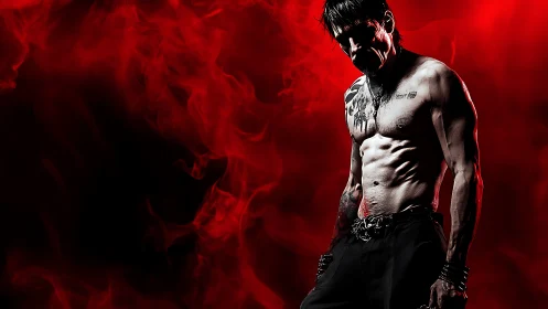 Muscular tattooed figure emerges from red smoke in low key lighting