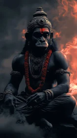 Simian warrior deity in ceremonial armor amid reactive flames.