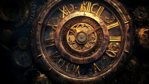 Steampunk brass clockwork dial with exposed mechanical gears