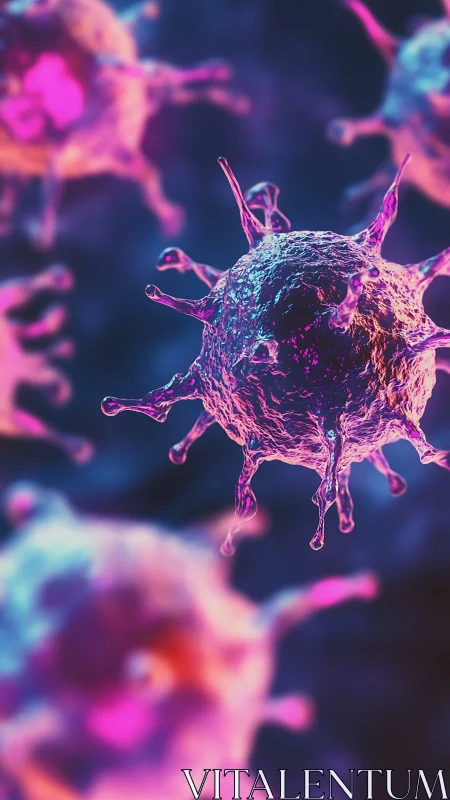 Glowing microscopic virus forms float in rich neon color