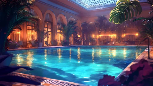 Luminous indoor pool in grand atrium with tropical foliage.