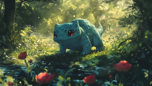 Small blue creature explores sunlit forest stream