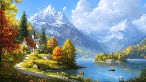 Mountain lake landscape portrays village, forest and boats