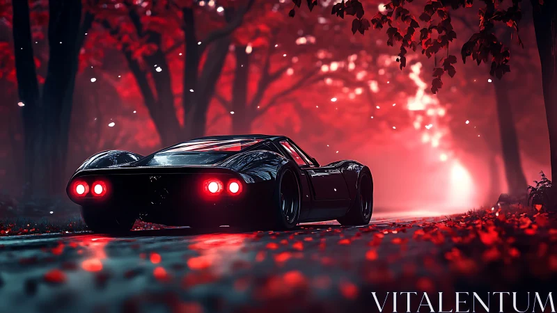 Midnight supercar drifting through a glowing red forest road.