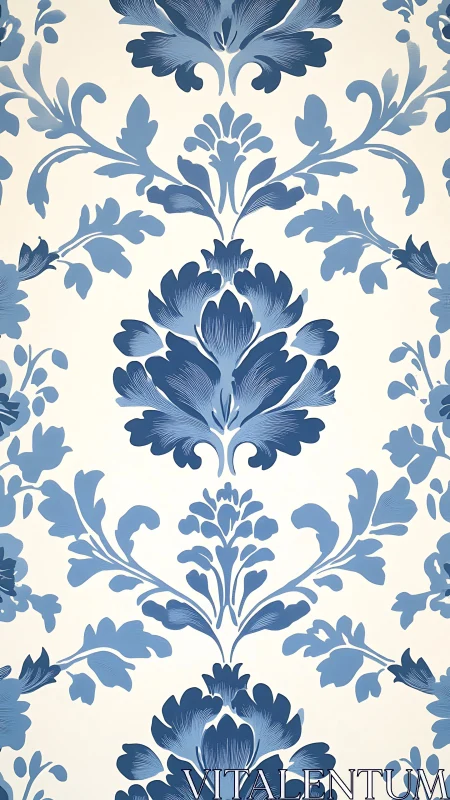 Symmetric blue damask floral repeat with stylized foliated motifs.