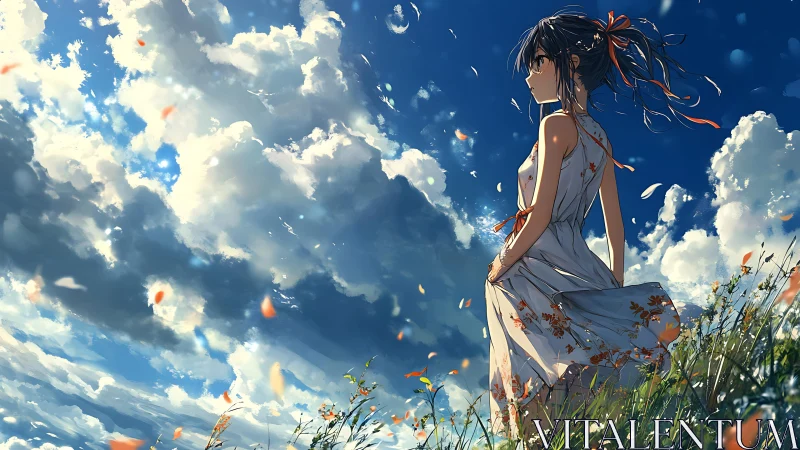 Wind-swept anime girl on hillside under cumulus cloudscape