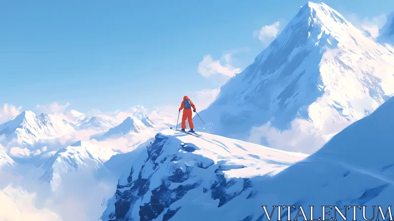 Solo skier stands on snowy ridge overlooking distant peaks