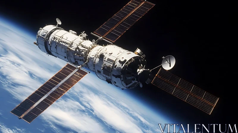 Photorealistic orbital satellite with extended solar arrays.