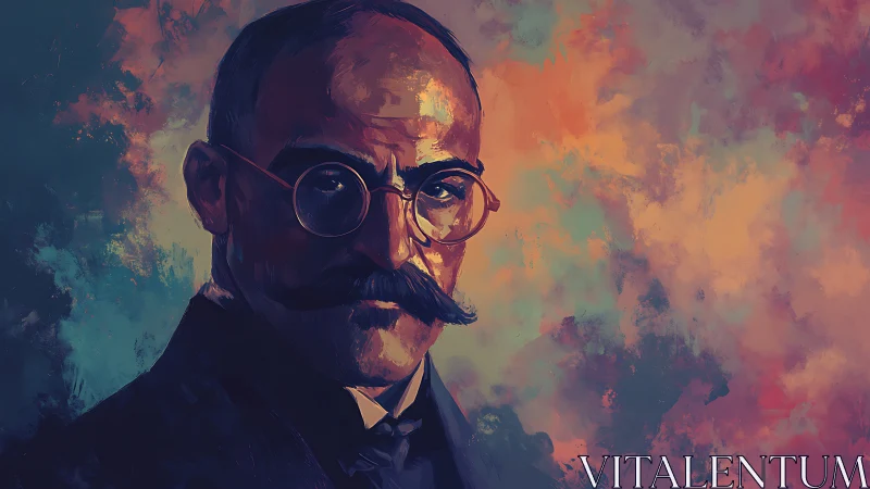 Portrait of mustached man with glasses on abstract ground.