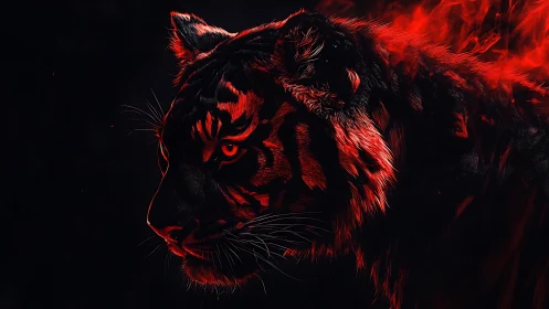 Crimson-lit tiger profile rendered in dramatic digital chiaroscuro.