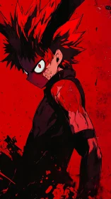 Spiky haired anime fighter stares ahead in red splatter background