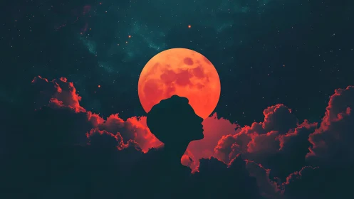 Lunar backlit silhouette amid chromatic nebular cloudfield.