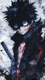 Bloodstained anime swordsman with intense grin in shadows.