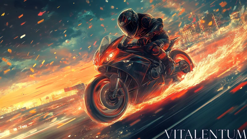 Motorcycle rider leans into turn on stylized urban roadway