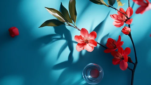 Red flowers with green foliage against blue background.