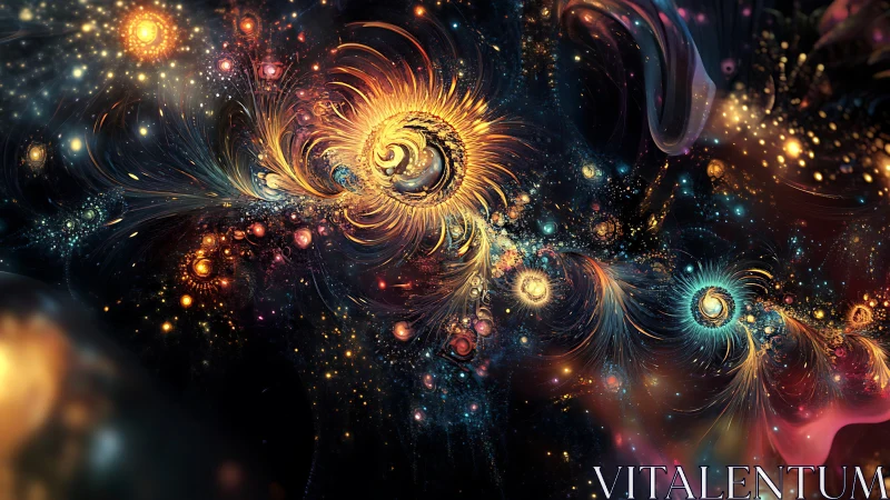 Stellar spirals dance in a neon-blooming cosmic tapestry.