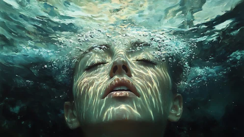 Submerged female portrait rendered in luminous digital chiaroscuro
