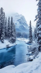 Snow-covered conifer forest lines a partially frozen river