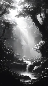 Luminous Cascade Through Primordial Forest Gorge.