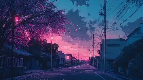 Neon dusk over quiet suburban street with blossoms.
