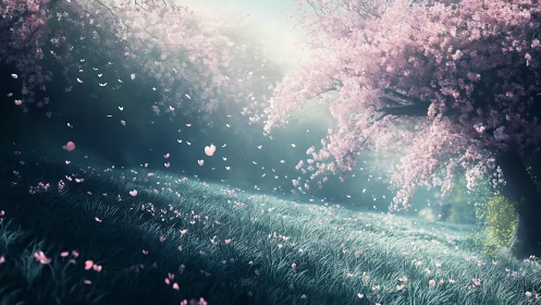 Gentle cherry blossoms drifting across a dreamy spring meadow.