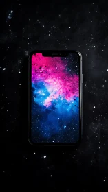 Smartphone screen displays vivid nebula against deep space field