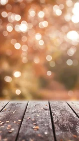 Warm Bokeh Lights Dance Above Weathered Wood Surface.