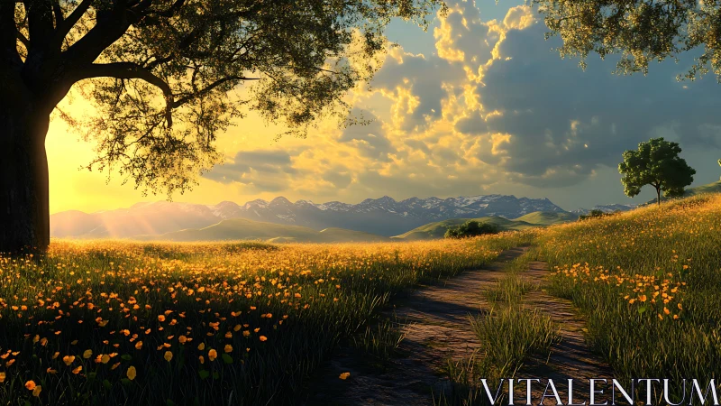 Golden meadow path at sunset beneath distant mountains.
