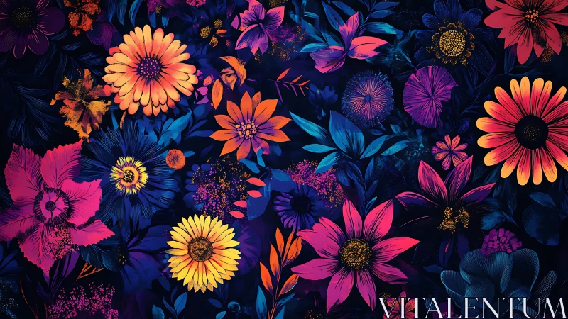 Vibrant Floral Composition: Digitally Rendered Botanical Array with Contrasting Chromatic Spectrum.
