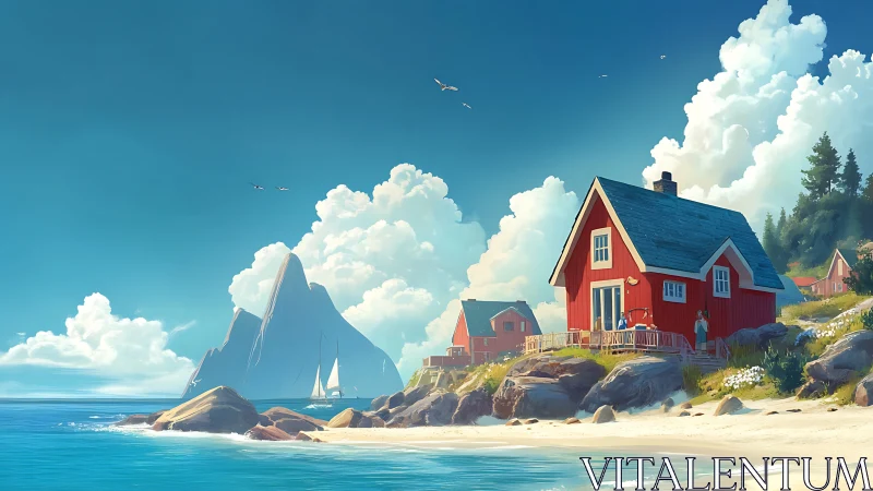 Coastal Red Cottage: Maritime Landscape with Dramatic Clouds.