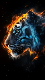 Digital painting of a bioluminescent tiger haloed in flame.