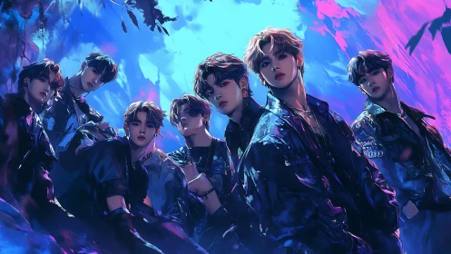 Neon-lit boy band ensemble in cinematic digital painting style.