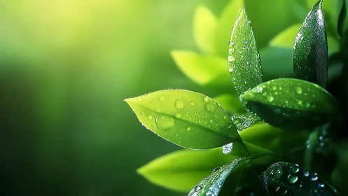 Wet green leaves hold bright water droplets after rainfall
