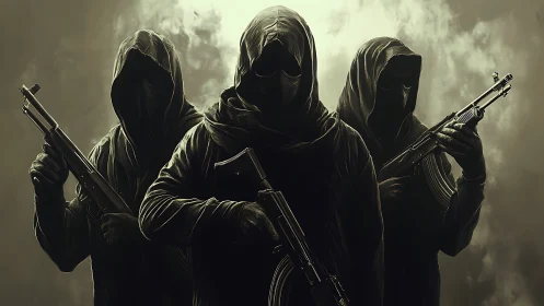 Hooded gunmen stand in smoky backlit formation holding rifles