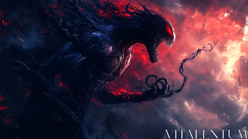 Demonic tendril creature against red storm sky scene.