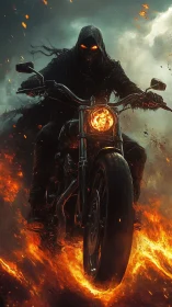 Hooded fiery rider charging through infernal stormscape.