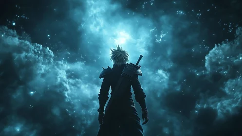 Lone sword wielder framed against glowing cosmic sky.